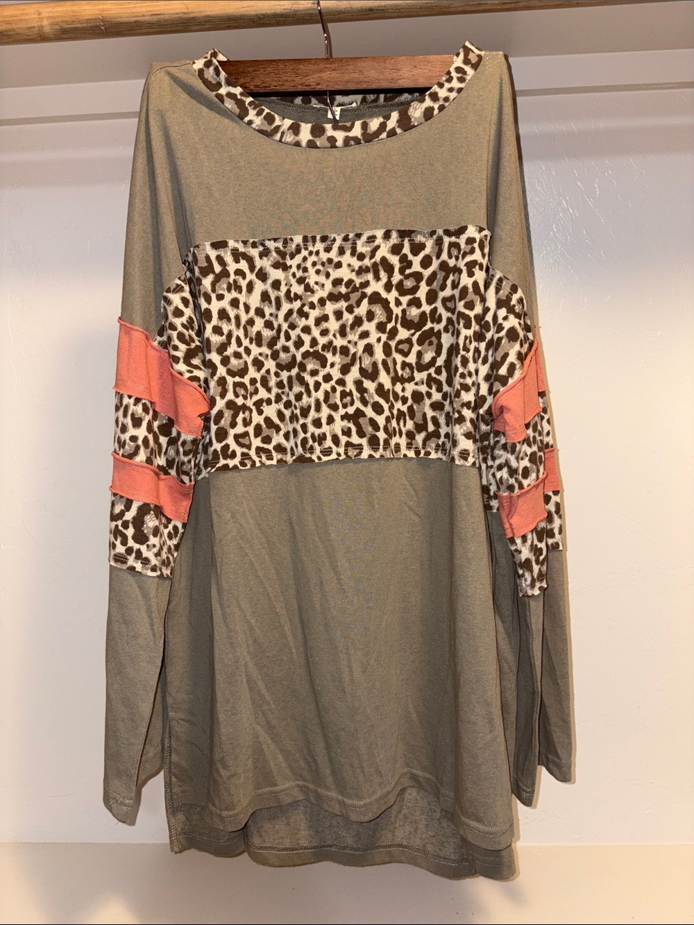 JODIFL Olive Long Sleeve Top with Leopard Panel and Coral Stripe Accents